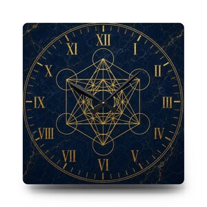 Sacred Geometry Metatron Clock Acrylic Wall Clock | Gold on Navy, Roman Numerals