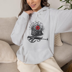 Make Love Not War Hoodie, Vintage Anti War Flower Power Pullover, Retro Peace Sign Helmet Graphic, 1970s Military Aesthetic Art