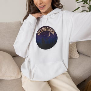 Retro Stargazer Hoodie Graphic, Astronomy Telescope Art, Starry Night Sky Pullover Design, Distressed Moon Space Art