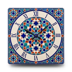 May include: A square wall clock featuring a central circular dial with Roman numerals. The design displays a geometric mosaic pattern in shades of deep blue, turquoise, and terracotta orange against a cream background, with black clock hands.