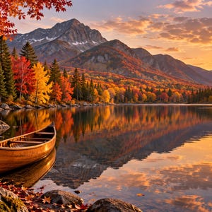 May include: A wooden canoe rests on a rocky shoreline covered in fallen autumn leaves. The scene features a calm lake reflecting a vibrant forest of orange, red, and yellow trees, with a large mountain range under a golden sunset sky.