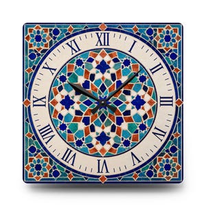 May include: A square wall clock featuring a central circular face with Roman numerals. The design displays a geometric mosaic pattern in shades of deep blue, turquoise, and terracotta orange, with black hour, minute, and second hands.