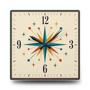 May include: A square wall clock with a cream-colored face featuring black numerals at 3, 6, 9, and 12. The center displays a multi-pointed starburst design in teal, orange, and yellow, accented by thin lines with circular tips and small four-pointed stars.