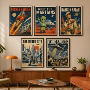 Retro Sci Fi Poster, Space Wall Art, Retro Rocket Alien Robot UFO Print, Mid Century Futurism Decor, Choose Your Design