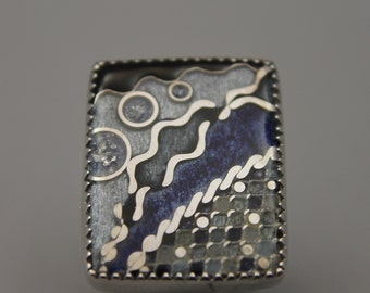 Cloisonne enamel statement ring in blue, gray and silver. Size 7 and ready to ship!