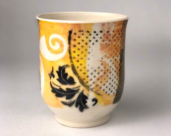 Yelow Porcelain tea mug decorated with underglaze. ,Porcelain Mug,Unique Coffee/Tea Mug,Pottery Mug. Tableware,Kitchen Pottery