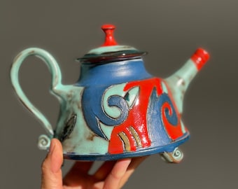 Unique Pottery Tea or Coffee Set with Hand Painted Decoration, Ceramic Gift Set, Ceramics and Pottery