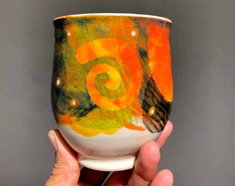 Handmade Porcelain cup.Hand decorated Cup with feather and spirals #1.Wheel Thrown ceramic cup.Coffee cup.late cup..Coffee cup.