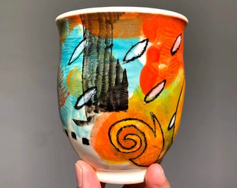 Tasse à café en porcelaine peinte à la main : céramique colorée tournée, 14 oz