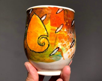 Colorful Wheel thrown Porcelain mug#2. Hand painted Ceramic mug.Wheel Thrown ceramic mug.Coffee mug.late mug.Eco-friendly mug.Coffee cup.