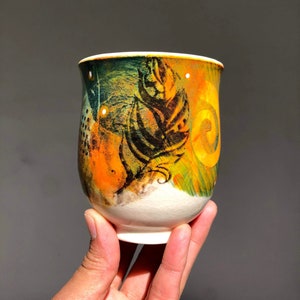 Handmade Porcelain Coffee Cup: Feather & Spiral Design, 14 oz