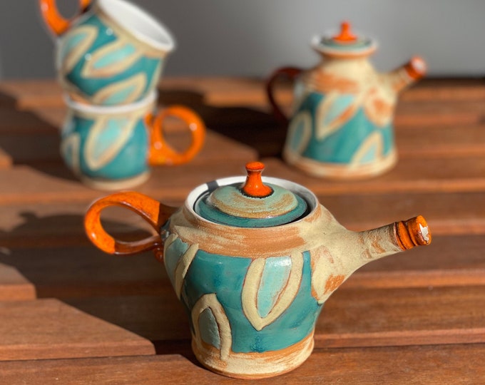 Handgefertigtes Kaffee/Tee Keramik Set in grün orange und weiß. Umweltfreundliches Keramik Set. Rad geworfene Keramik.