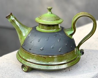 Handmade Black and Green Teapot with rain drops.Wheel thrown Porcelain Teapot.Handmade Teapot.Eco-Friendly teapot.Ceramic teapot .