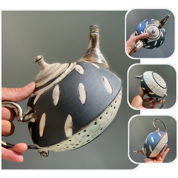 Wheel thrown Black Porcelain Teapot with leaves.Handmade Teapot.Eco-Friendly ceramic teapot.Ceramic teapot .