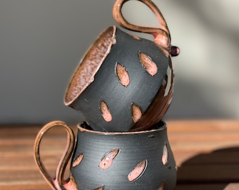 Handmade Black Porcelain Mug: Peach Leaf Design, Wheel Thrown
