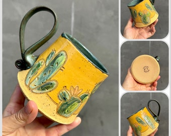 Handmade Cactus Coffee/Tea mug with , Handmade mug .Pottery Mug. Wheel Thrown, Unique Mug.Eco-Friendly ceramic mug.