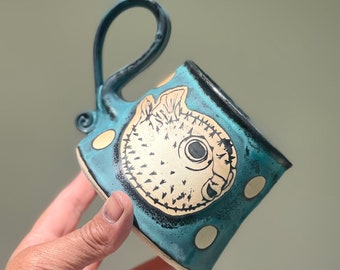 Handmade Pufferfish Coffee/Tea mug . Pufferfish mug, Handmade mug .Pottery Mug. Wheel Thrown,Unique Mug.Eco-Friendly ceramic mug.#2
