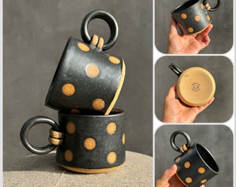 Handmade Polka dot coffee mug .Polka dot mug, Handmade mug .Pottery Mug. Wheel Thrown,Unique Mug.Eco-Friendly ceramic mug.