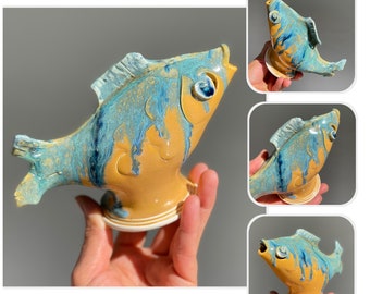 Handmade Yellow and Blue Fish figurine,Wheel thrown ceramic fish,Fish statue.Unique ceramic fish.Home decor.Perfect gift