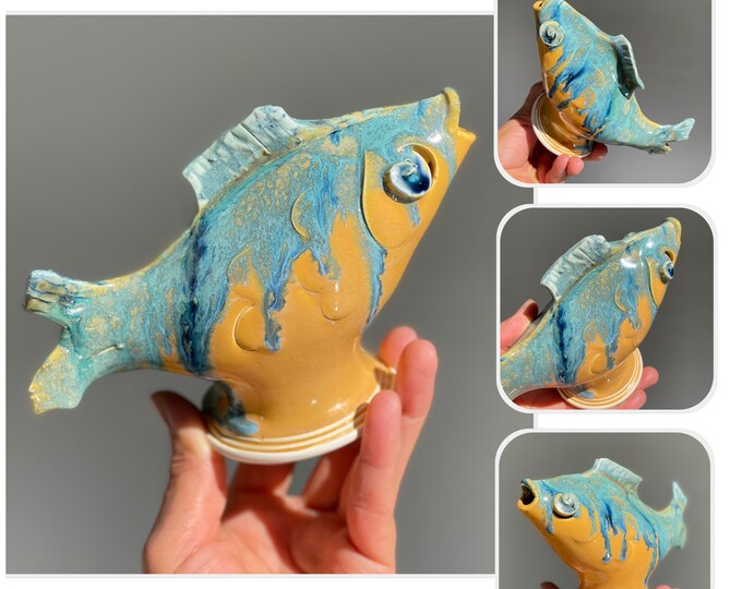 Handmade Yellow and Blue Fish figurine,Wheel thrown ceramic fish,Fish statue.Unique ceramic fish.Home decor.Perfect gift