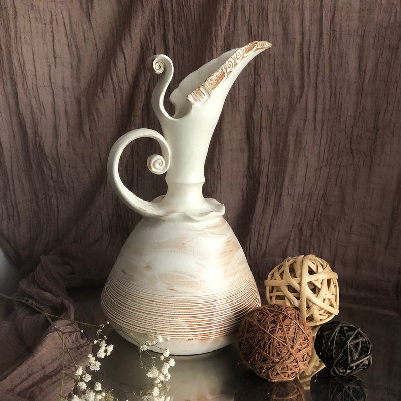 Pottery pitcher.Water pitcher.White pitcher.Water or wine jug.Art pottery.Home decor pitcher. image 5