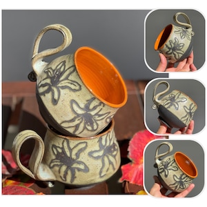 Green and Orange porcelain mug with Lily flowers.Coffee/Tea mug with Lily.Handmade mug.Eco-Friendly ceramic mug.Ceramic Mug .