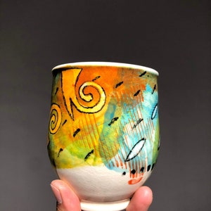 Colorful Wheel thrown Porcelain mug2. Hand painted Ceramic mug.Wheel Thrown ceramic mug.Coffee mug.late mug.Eco-friendly mug.Coffee cup. image 2