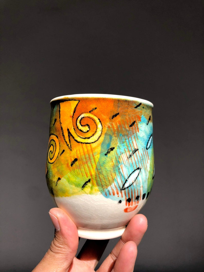 Colorful Wheel thrown Porcelain mug2. Hand painted Ceramic mug.Wheel Thrown ceramic mug.Coffee mug.late mug.Eco-friendly mug.Coffee cup. image 2