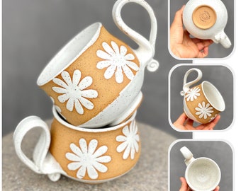 White Daisy Flowers Ceramic Coffee or Tea Mug,Pottery Mug Wheel Thrown,Unique Mug.DaisyMug,Eco-Friendly ceramic mug