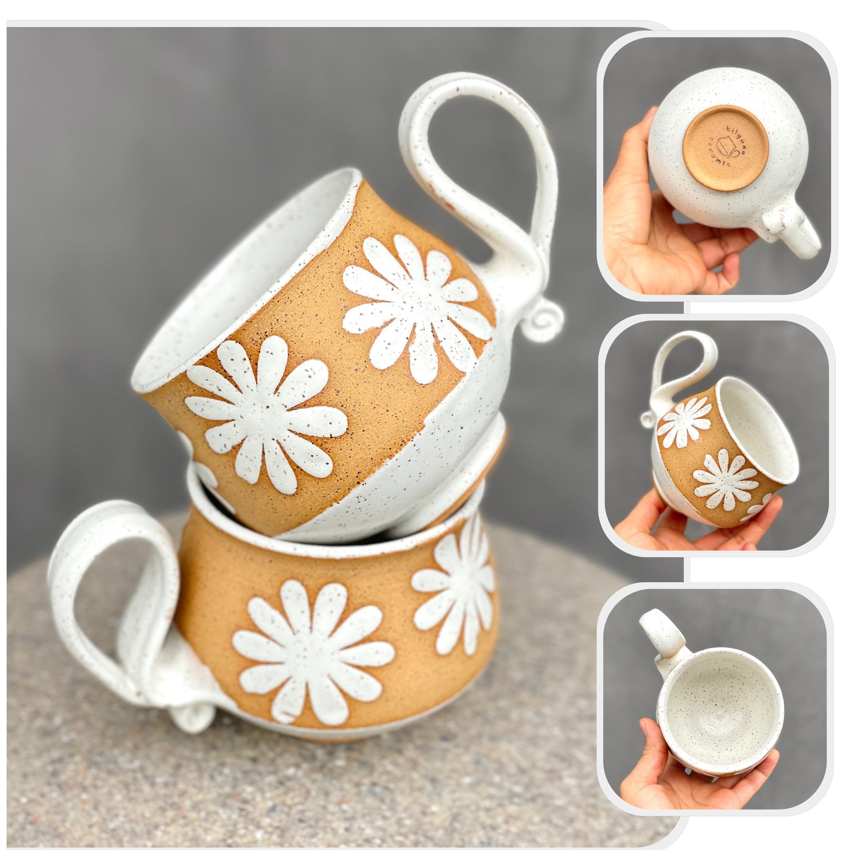 White Daisy Flowers Tasse à Café ou Thé en Céramique, Mug en Poterie Jeté, Unique.daisymug, Céramiqu