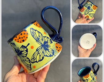 Handmade Coffee/Tea mug with butterflies, Handmade mug .Pottery Mug. Wheel Thrown, Unique Mug.Eco-Friendly ceramic mug.