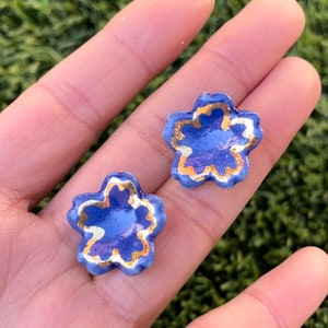 Handmade Blue Flowers porcelain earrings with 22K luster.Perfect Christmas gift for her.