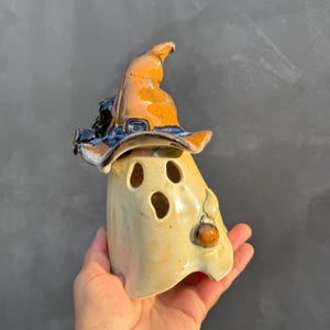 Halloween decor, Handmade ceramic pottery ghost with witch's hat,candle holde,ghost lanterns