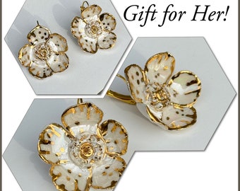 Handmade white flower porcelain earrings with 22K Gold luster rim.Great Christmas Gift for her.