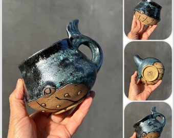 Handmade Whale coffee mug .Whale mug, Handmade mug .Pottery Mug. Wheel Thrown,Unique Mug.Eco-Friendly ceramic mug.# 2