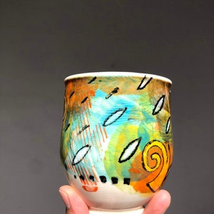 Colorful Wheel thrown Porcelain mug2. Hand painted Ceramic mug.Wheel Thrown ceramic mug.Coffee mug.late mug.Eco-friendly mug.Coffee cup. image 8