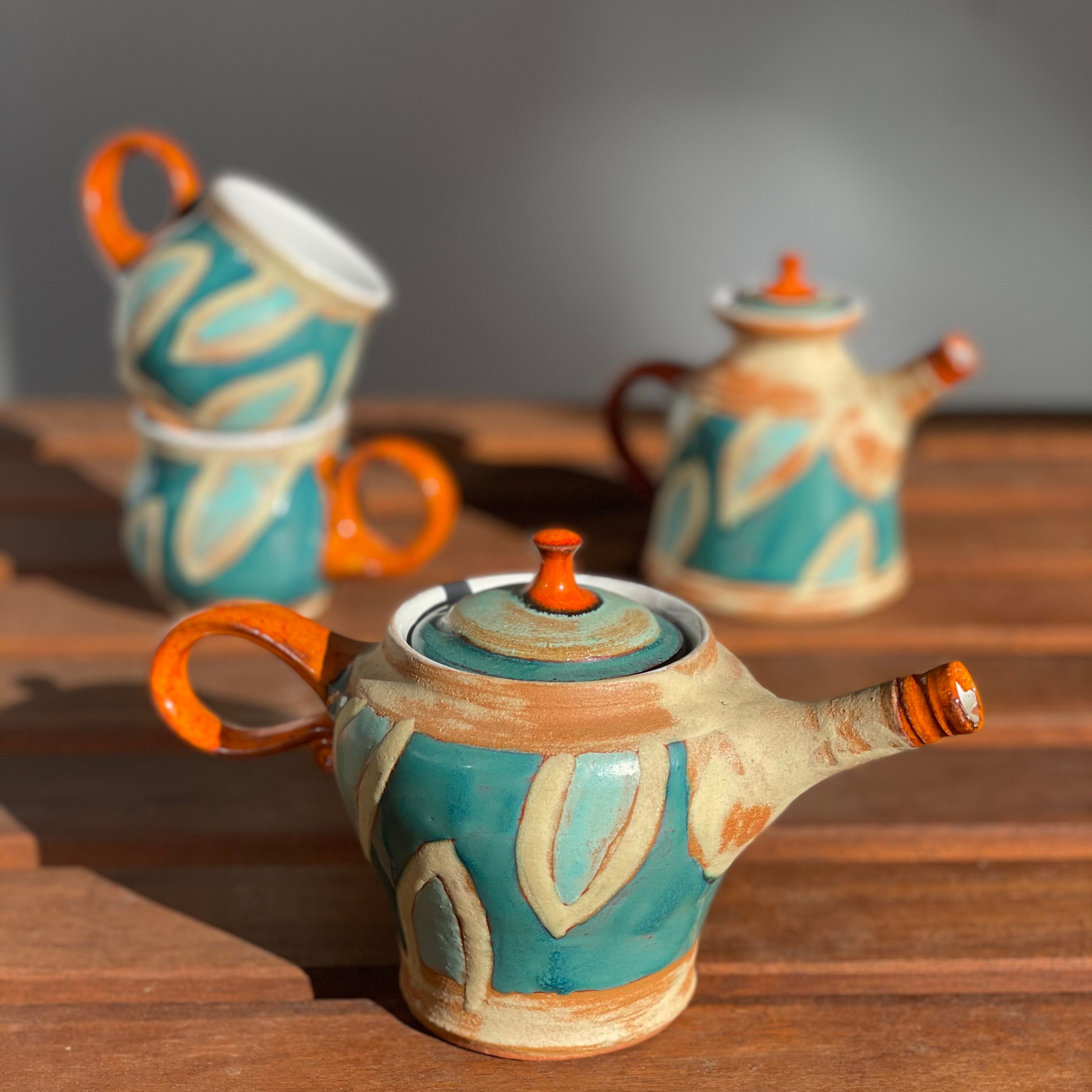 Handmade Ceramic Tea Set: Wheel Thrown Pottery, Green Orange White
