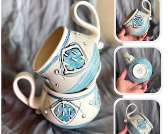 Handmade porcelain mugs with blue square. Pottery Mug. Wheel Thrown,Unique Mug.Eco-Friendly ceramic mug.