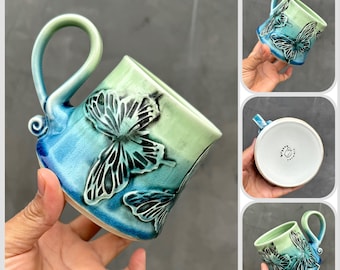 Blue and Green Handmade Coffee/Tea mug with butterflies, Handmade mug .Pottery Mug. Wheel Thrown, Unique Mug.Eco-Friendly ceramic mug.