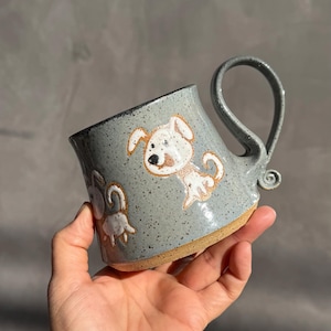 Handmade Pottery Mug: Wheel Thrown Ceramic with White Dog Design