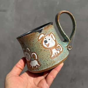 Handmade Pottery Mug: Wheel Thrown Ceramic with White Dogs