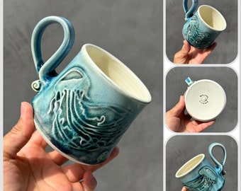 Handmade Jellyfish Coffee/Tea mug Jellyfish mug, Handmade mug .Pottery Mug. Wheel Thrown,Unique Mug.Eco-Friendly ceramic mug.#1