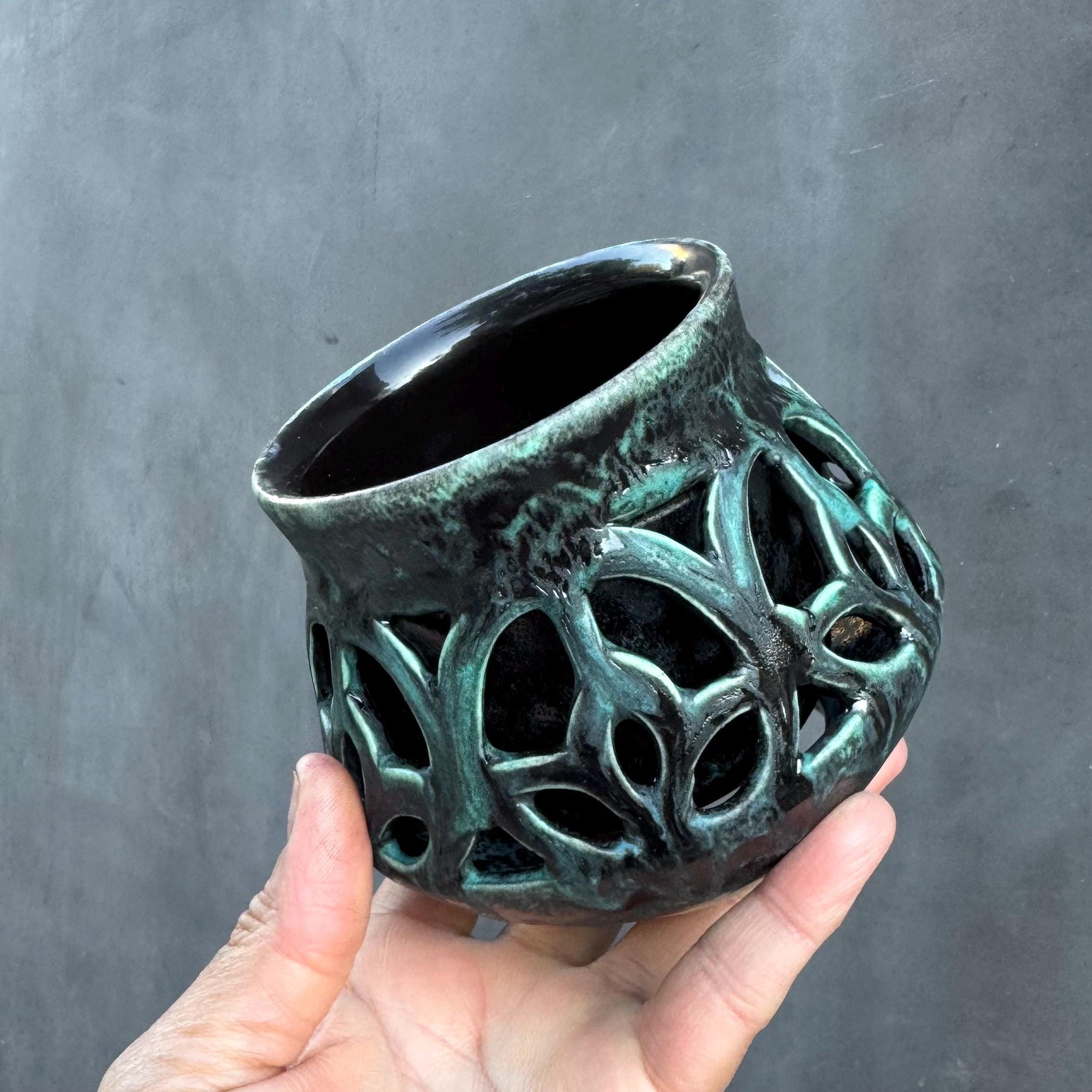 Handmade Carved Ceramic Coffee Cup: 10 oz Wheel Thrown Pottery
