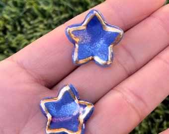 Handmade Blue Stars porcelain earrings with 22K gold luster.Perfect Christmas gift for her.