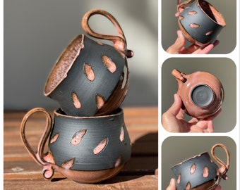 Handmade Black Porcelain Coffee/Tea mug with Peach leaves.Wheel thrown mug.Eco-Friendly ceramic mug.Ceramic Mug .