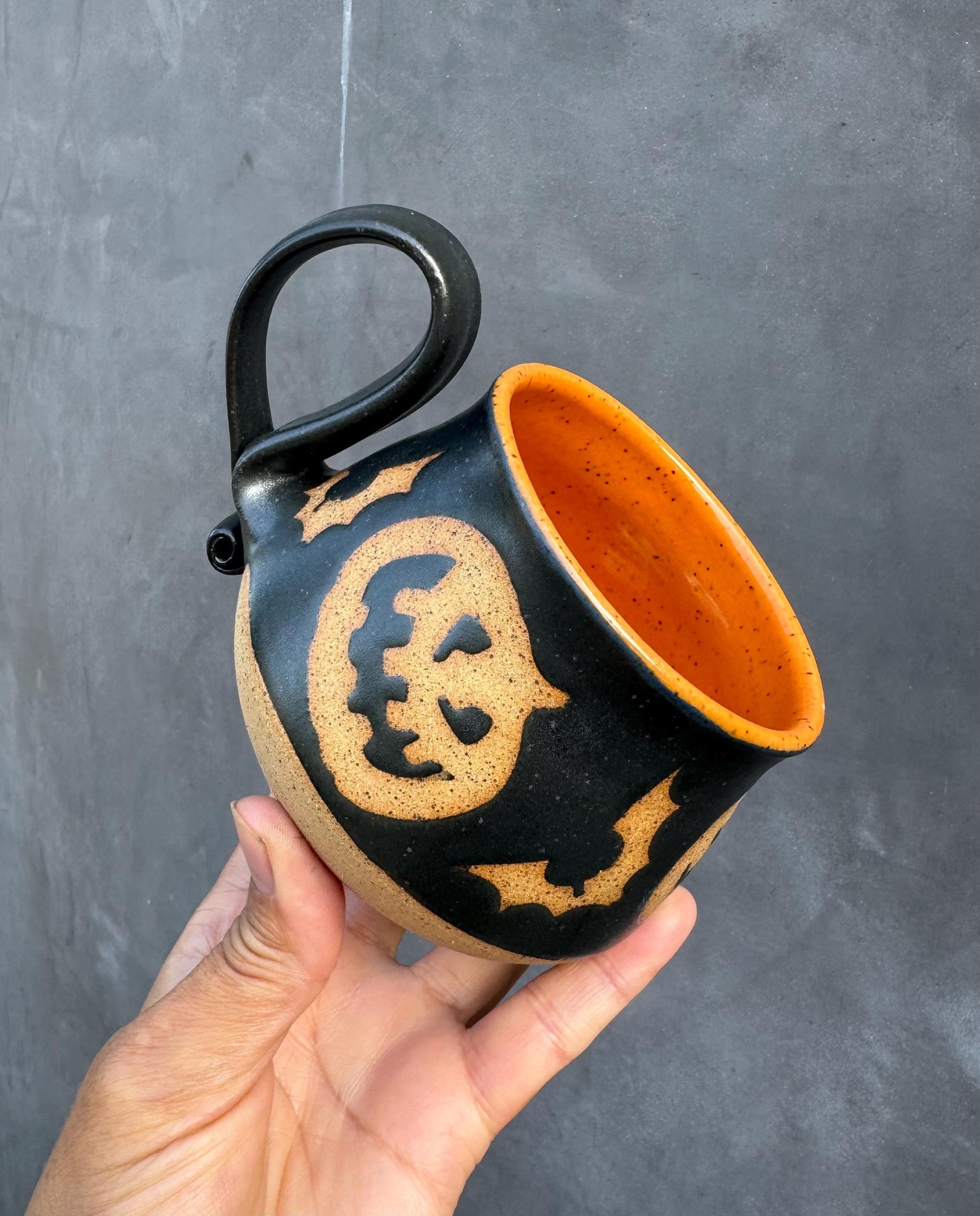 Handmade Pottery Halloween Mug: Jack-o'-lantern & Bats, 14 oz