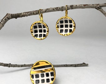 Handmade jewelry.Handmade black squares porcelain jewelry set.Earrings and ring.Valentine’s day gift.