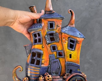 Handmade Ceramic Haunted House Luminary: Spooky Halloween Decor