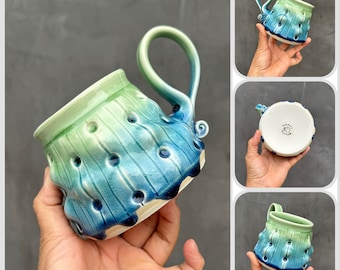 Blue and Green Handmade Coffee/Tea mug , Handmade mug .Pottery Mug. Wheel Thrown, Unique Mug.Eco-Friendly ceramic mug.
