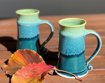 Blue and Green Small Pottery  mug.Liquor shot .Thumb Mug, Tequila shot.Brandy Mug,Unique Handmade Mug.Gift for DAD.